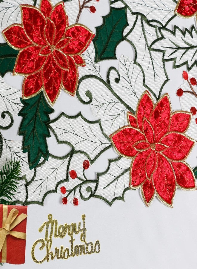 OWENIE Christmas Table Runner, Embroidered Red Poinsettia Short Table Runner 36 Inches, White Textured Fabric Runner with Applique Velvet Flower for Dining Table, Holiday Table Decoration - Image 5