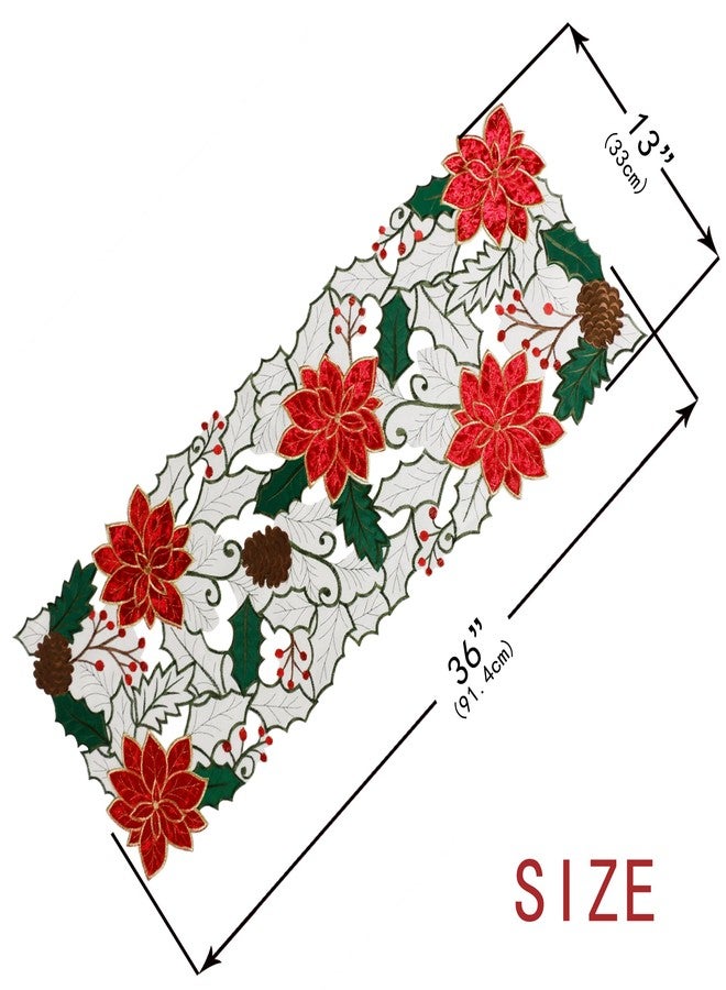 OWENIE Christmas Table Runner, Embroidered Red Poinsettia Short Table Runner 36 Inches, White Textured Fabric Runner with Applique Velvet Flower for Dining Table, Holiday Table Decoration - Image 4