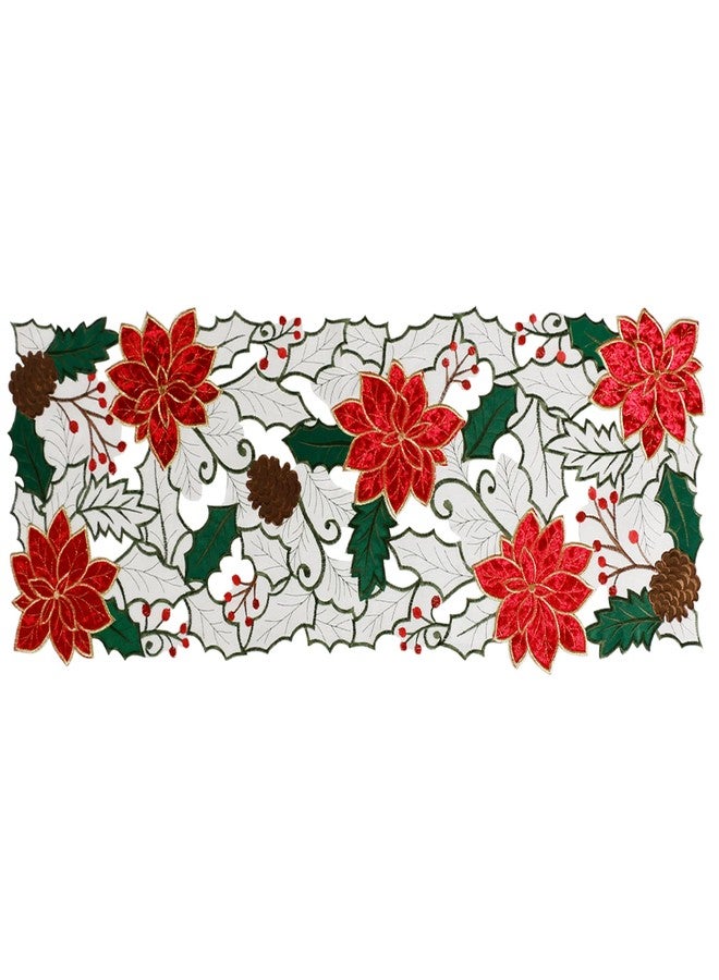 OWENIE Christmas Table Runner, Embroidered Red Poinsettia Short Table Runner 36 Inches, White Textured Fabric Runner with Applique Velvet Flower for Dining Table, Holiday Table Decoration - Image 1