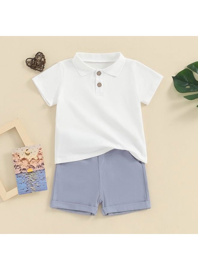 fhutpw Toddler Boy Short Sleeve Pique Polo Shirt & Casual Shorts Set Kids Summer Clothes Suit 2T 3T 4T Little Boys Outfits (White&Light Blue, 2-3 Years) - Image 3