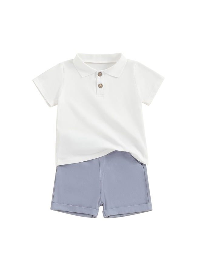 fhutpw Toddler Boy Short Sleeve Pique Polo Shirt & Casual Shorts Set Kids Summer Clothes Suit 2T 3T 4T Little Boys Outfits (White&Light Blue, 2-3 Years) - Image 1
