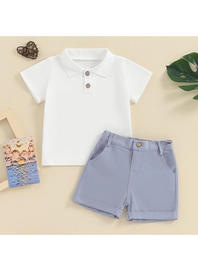 fhutpw Toddler Boy Short Sleeve Pique Polo Shirt & Casual Shorts Set Kids Summer Clothes Suit 2T 3T 4T Little Boys Outfits (White&Light Blue, 2-3 Years) - Image 2