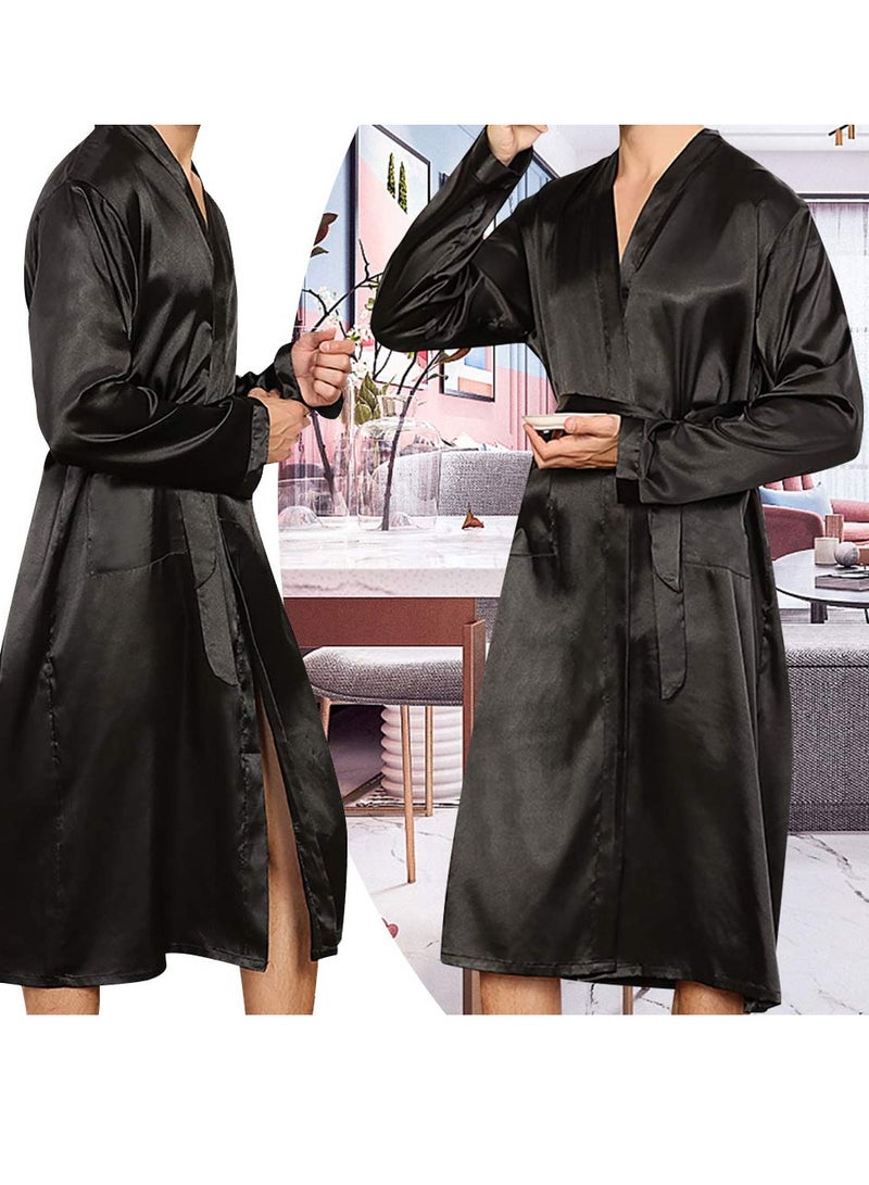 MARGOUN Men's Dressing Gown Kimono Robe Lightweight Silk Long Sleeved Home Sleepwear Loungewear Black Large(Length 47''/Chest 25'') - Image 4