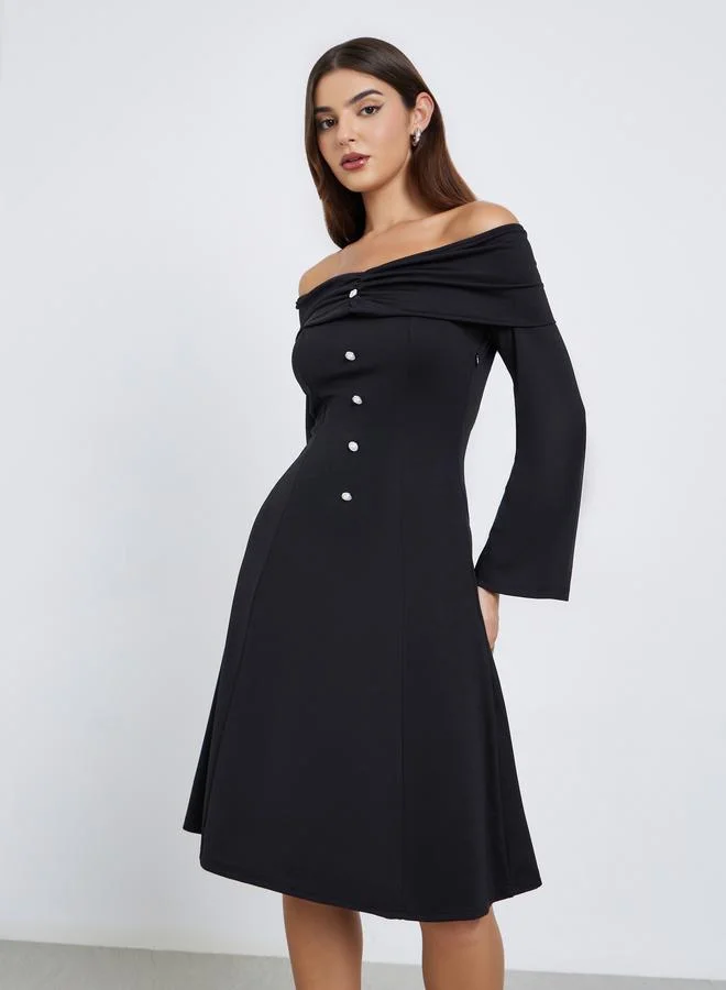 Styli Black Off-Shoulder A-Line Knee-Length Dress