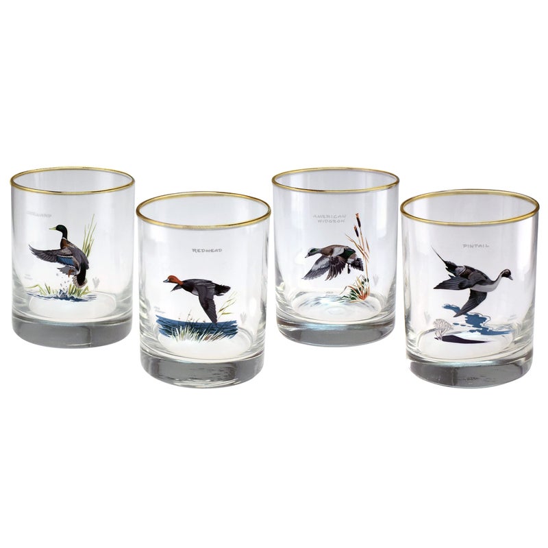 Culver Ned Smith 22k Gold Rim Waterfowl DOF Double OldFashioned Glasses 135Ounce Assorted Set of 4