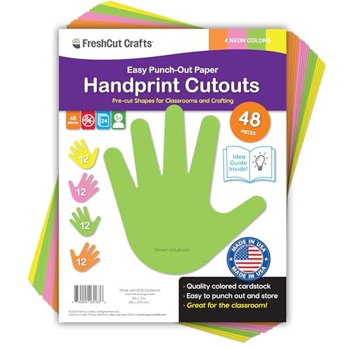 FreshCut Crafts 48 Piece Handprint Neon Cutouts with IDEA Guide, US Made 2-Sided Brightly Colored Card Stock Punch Out Handprint Paper Accents for Bulletin Boards, Classroom Decor, Back to School & DIY Crafting - Image 1