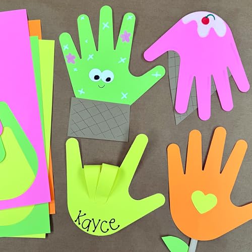 FreshCut Crafts 48 Piece Handprint Neon Cutouts with IDEA Guide, US Made 2-Sided Brightly Colored Card Stock Punch Out Handprint Paper Accents for Bulletin Boards, Classroom Decor, Back to School & DIY Crafting - Image 2