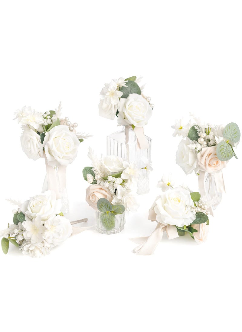 Ling's moment Ling's Moment White Wedding Flowers Mini Bridesmaid Bouquets Set of 6 Pre-Made Small Floral Wedding Rose Centerpieces (White)  - Image 1