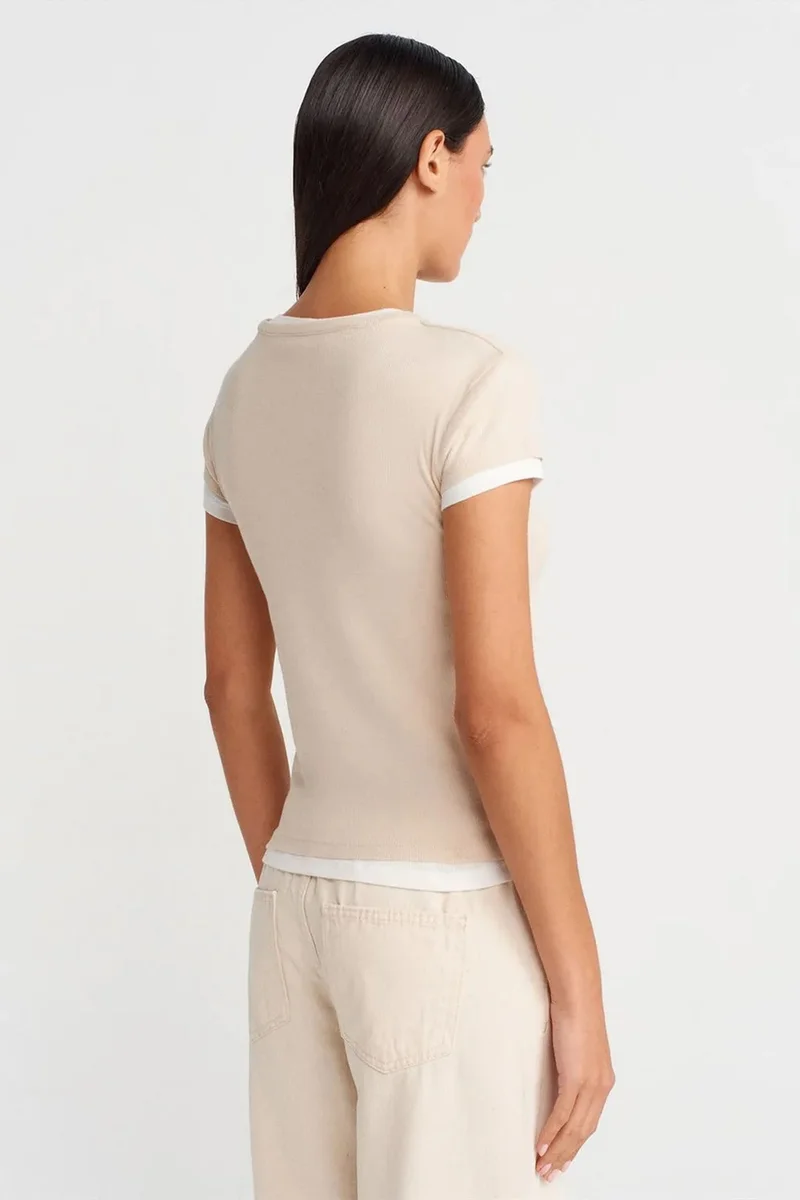 Dilvin Beige Natural DILVIN Women’s Cotton V-Neck Button T-Shirt for Women | Best Price UAE