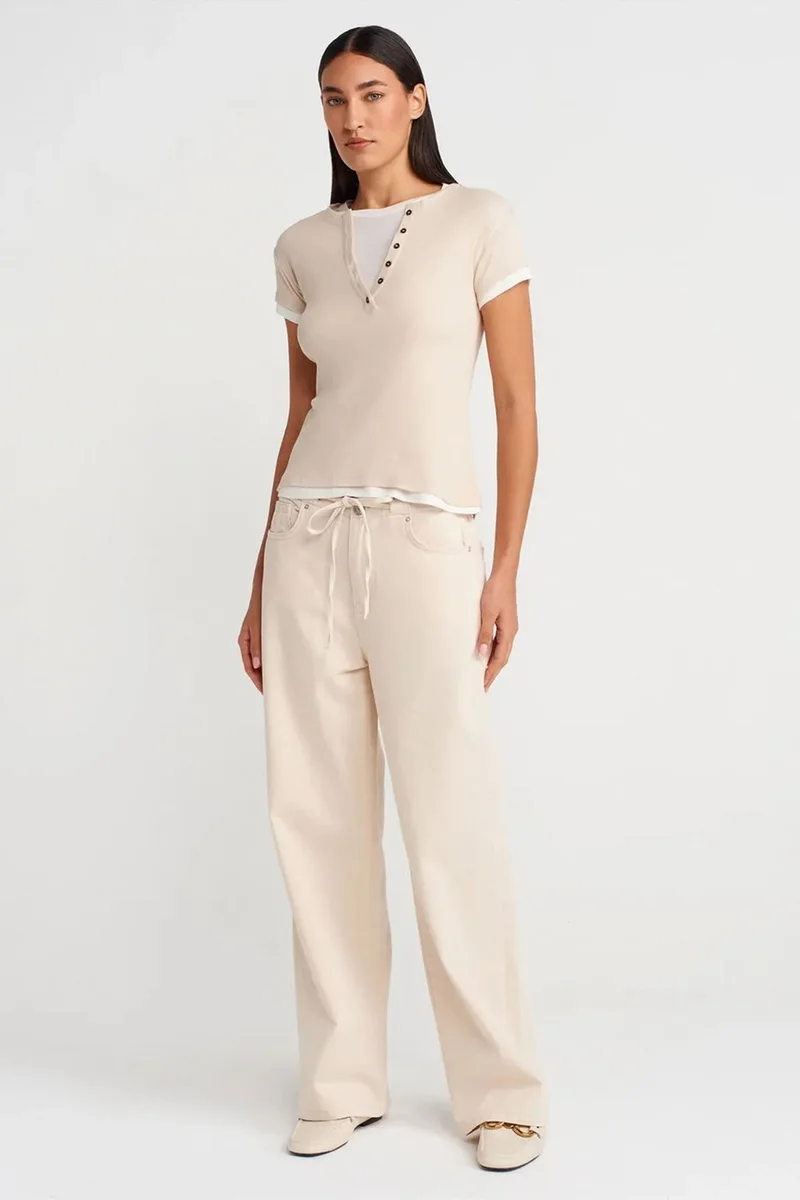 Dilvin Beige Natural DILVIN Women’s Cotton V-Neck Button T-Shirt for Women | Best Price UAE