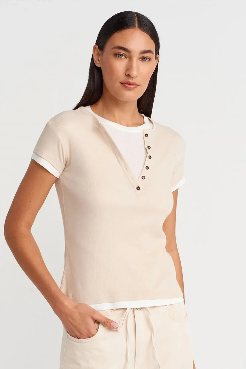 DILVIN Women’s Cotton V-Neck Button T-Shirt