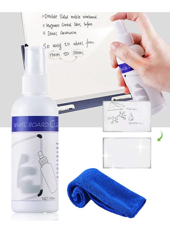 Opula Whiteboard Cleaning Kit, White Board Cleaning Spray Low Odor Dry Erase Board Cleaner with Cloth, Removes Stubborn Marks 100ml - Image 1