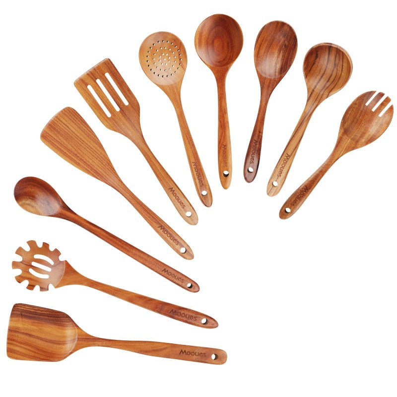 Mooues Wooden Spoons for Cooking Wooden Utensils for Cooking Natural Teak Wooden Kitchen Utensils Set Comfort Grip 10 PCS SET
