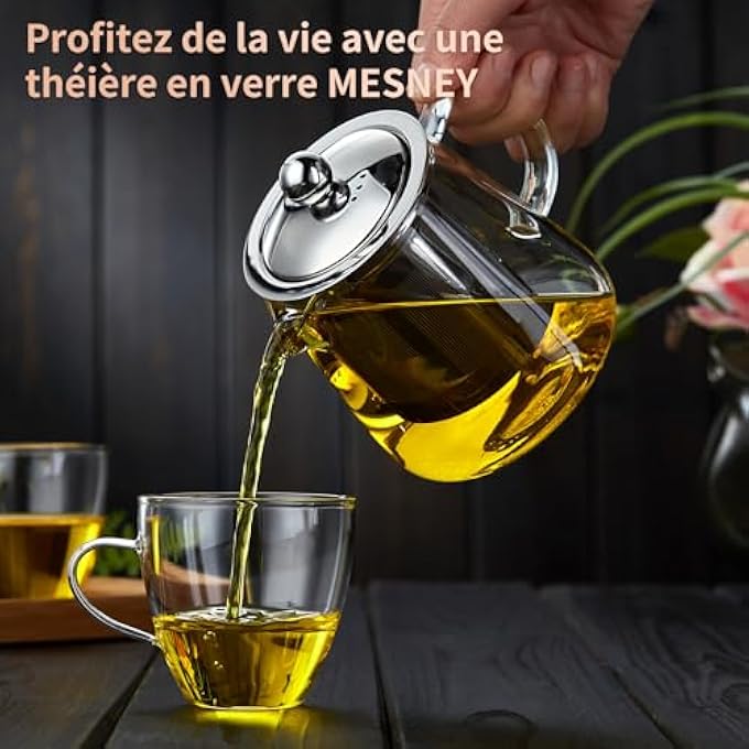 ريحني إبريق شاي زجاجي مع مضخم زجاجي بوزن 50 أونصة من البوروسيليكات مع مقبض مقاوم للحرارة، شبكة من الفولاذ المقاوم للصدأ لتشهير الأوراق السائبة على موقد الشاي الآمن على الميكروويف - Image 3