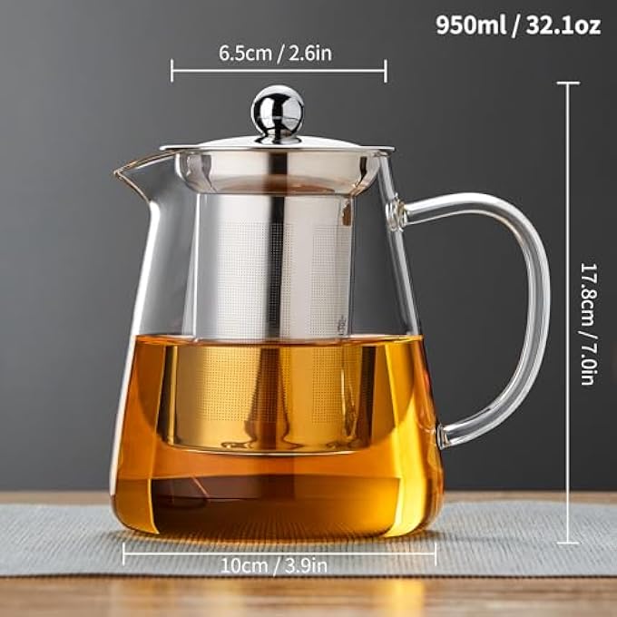 ريحني إبريق شاي زجاجي مع مضخم زجاجي بوزن 50 أونصة من البوروسيليكات مع مقبض مقاوم للحرارة، شبكة من الفولاذ المقاوم للصدأ لتشهير الأوراق السائبة على موقد الشاي الآمن على الميكروويف - Image 5