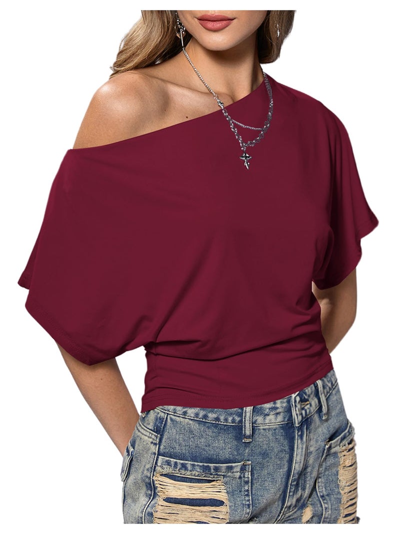 SweatyRocks Women's Off The Shoulder Crop Tops Asymmetrical Y2K Going Out Top Dolman Short Sleeve 2026 Summer Trendy Clothes Burgundy Medium - Image 1