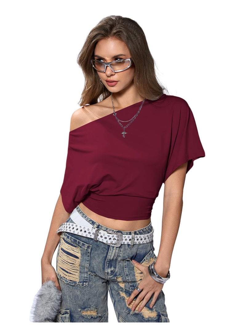 SweatyRocks Women's Off The Shoulder Crop Tops Asymmetrical Y2K Going Out Top Dolman Short Sleeve 2026 Summer Trendy Clothes Burgundy Medium - Image 4