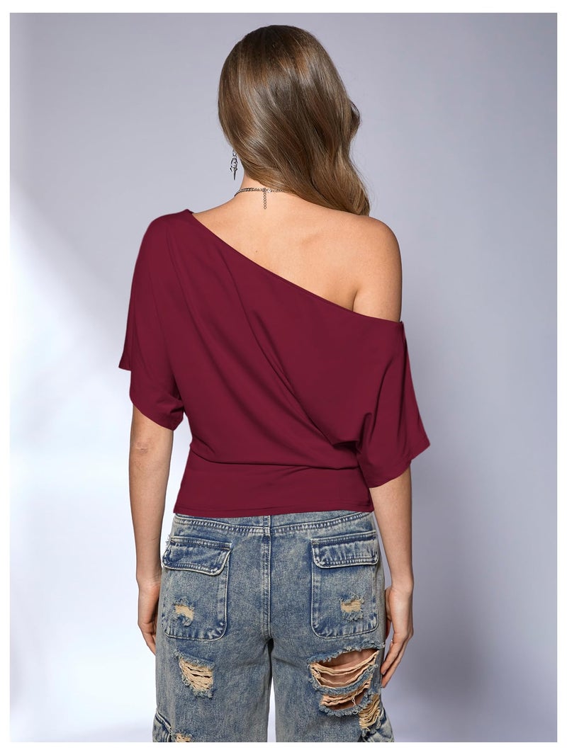 SweatyRocks Women's Off The Shoulder Crop Tops Asymmetrical Y2K Going Out Top Dolman Short Sleeve 2026 Summer Trendy Clothes Burgundy Medium - Image 2
