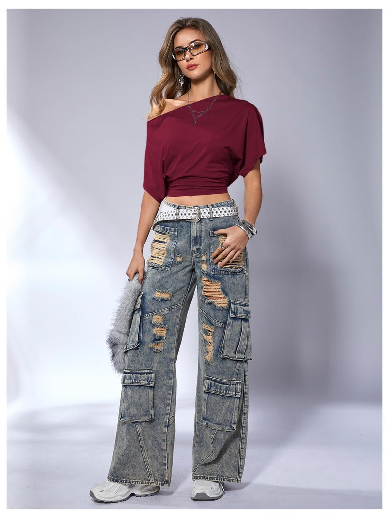 SweatyRocks Women's Off The Shoulder Crop Tops Asymmetrical Y2K Going Out Top Dolman Short Sleeve 2026 Summer Trendy Clothes Burgundy Medium - Image 5