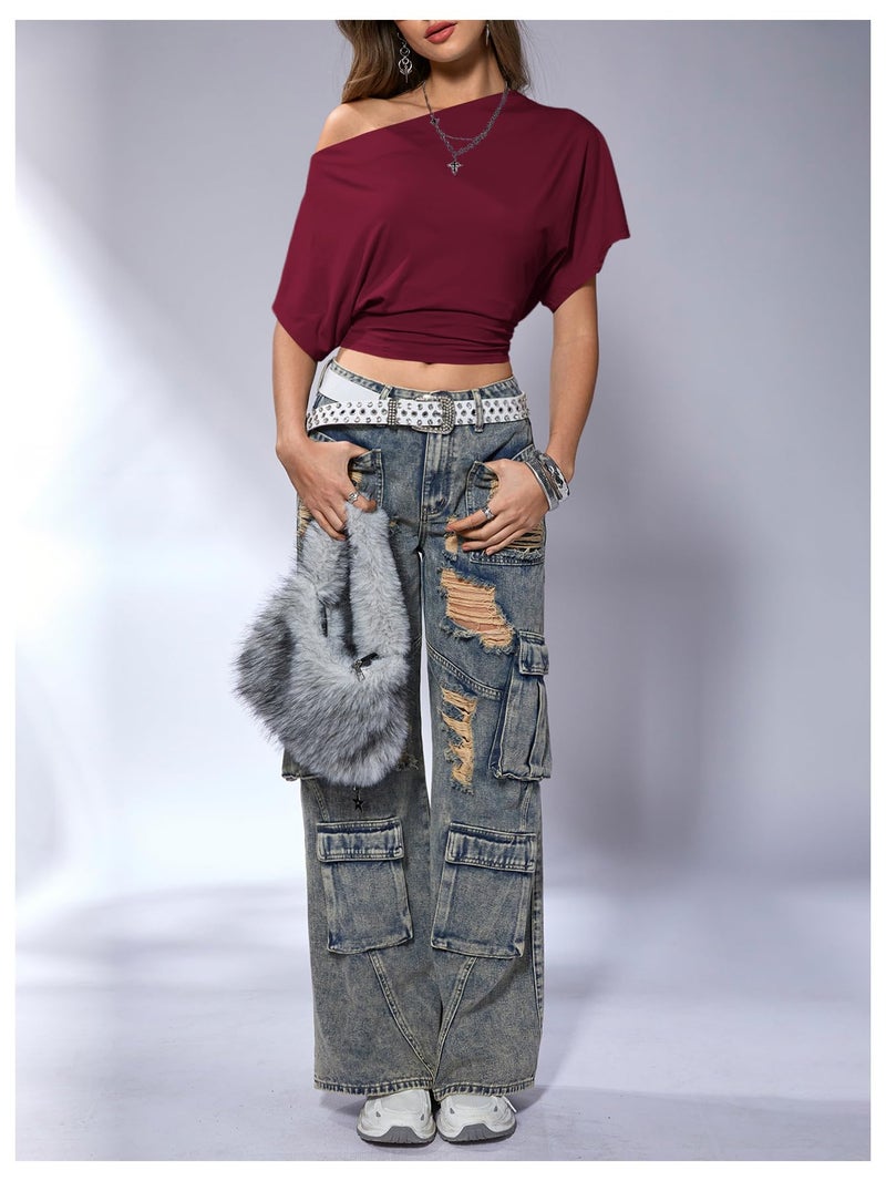 SweatyRocks Women's Off The Shoulder Crop Tops Asymmetrical Y2K Going Out Top Dolman Short Sleeve 2026 Summer Trendy Clothes Burgundy Medium - Image 3