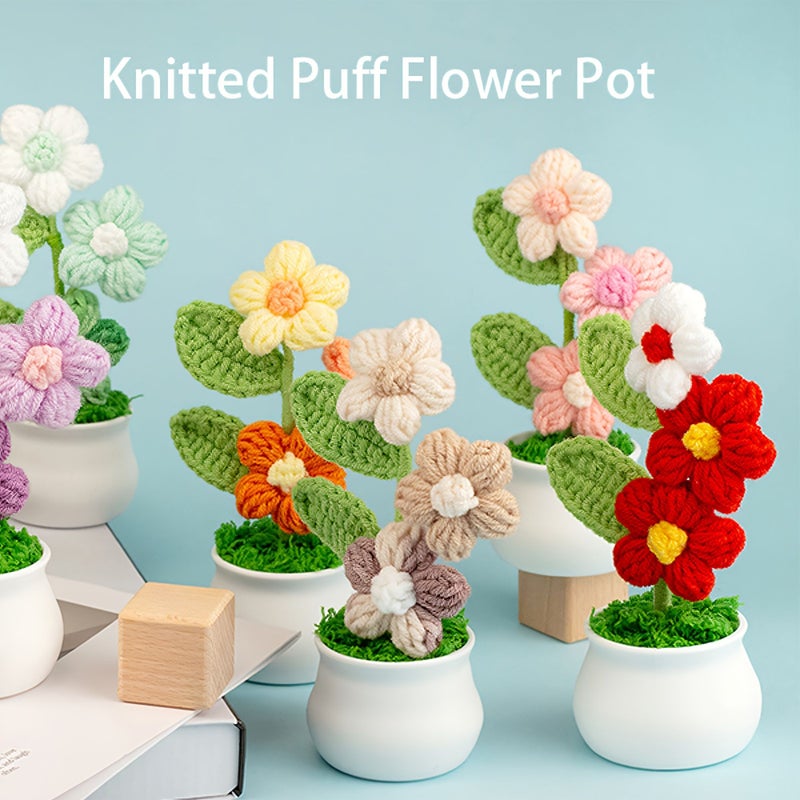 1 Pcs Knit Handmade Crochet Bubble Flower Potted Plant White And Pink Gradient Multicolor Flowers Home Office Car Decoration Valentine S Day Gift No Battery Required - Image 1