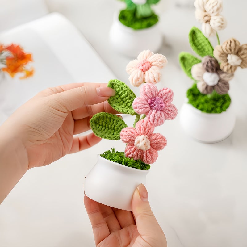 1 Pcs Knit Handmade Crochet Bubble Flower Potted Plant White And Pink Gradient Multicolor Flowers Home Office Car Decoration Valentine S Day Gift No Battery Required - Image 3