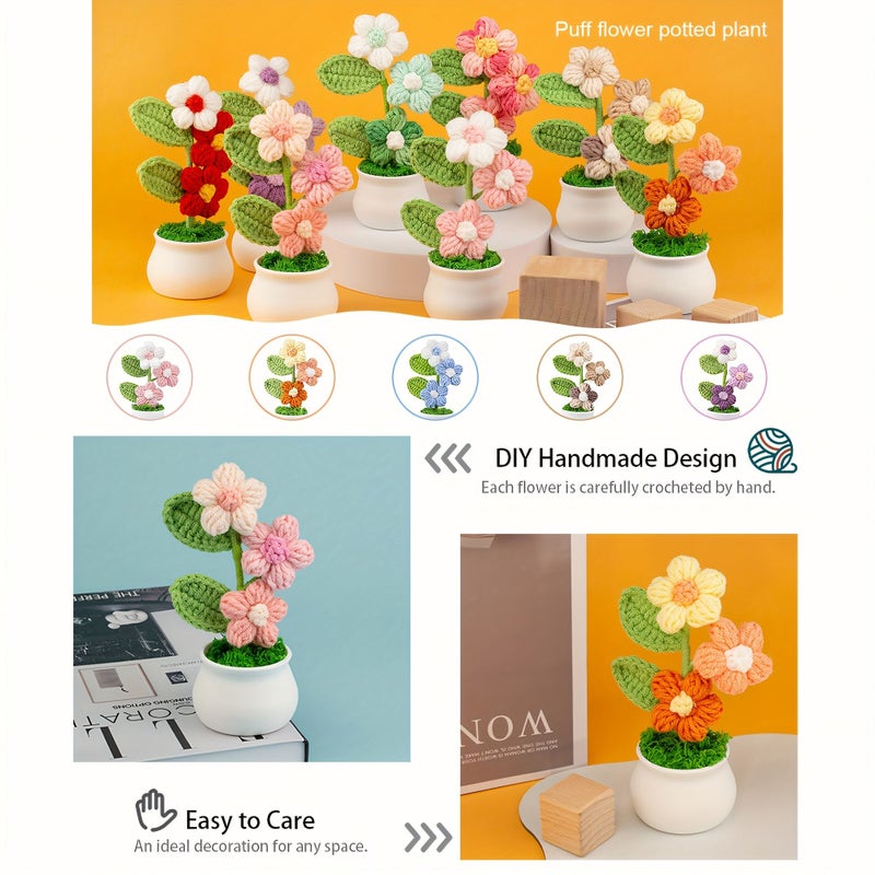 1 Pcs Knit Handmade Crochet Bubble Flower Potted Plant White And Pink Gradient Multicolor Flowers Home Office Car Decoration Valentine S Day Gift No Battery Required - Image 5