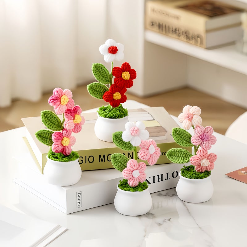 1 Pcs Knit Handmade Crochet Bubble Flower Potted Plant White And Pink Gradient Multicolor Flowers Home Office Car Decoration Valentine S Day Gift No Battery Required - Image 4
