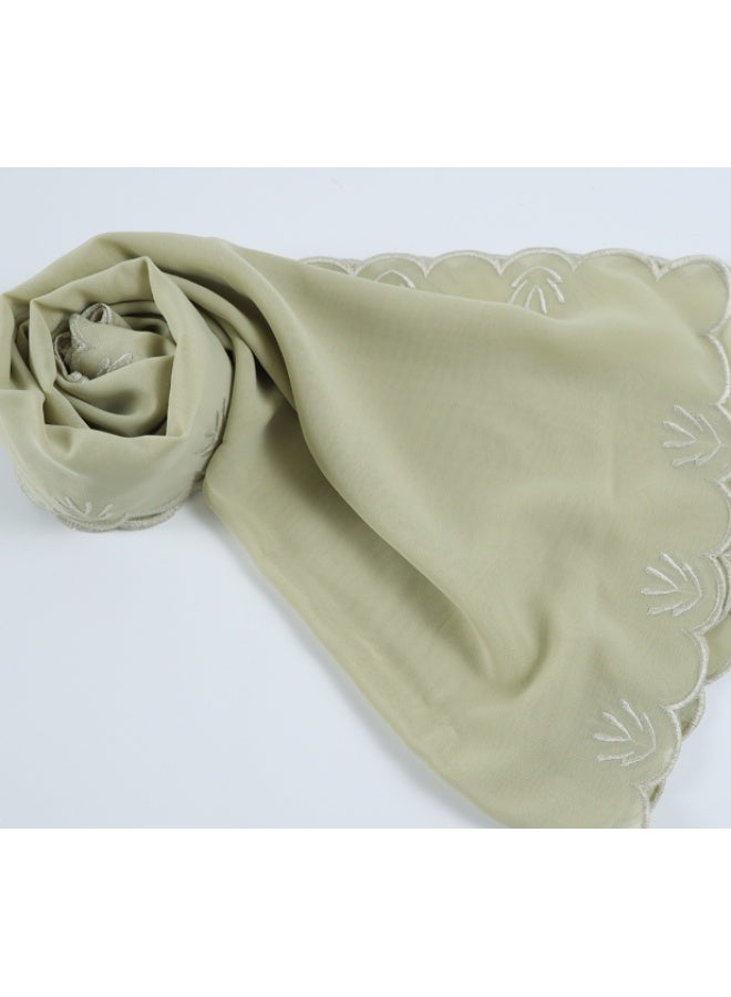 Four Sided Leaf Embroidered Plain Chiffon Square Scarf, Headscarf, Arabic Scarf - Image 1