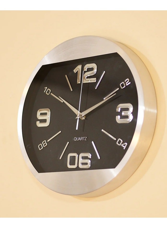 Metal frame Modern decorative round quartz wall clock large analoge display battery operated for homes and offices 30Cm black and silver color - ck10