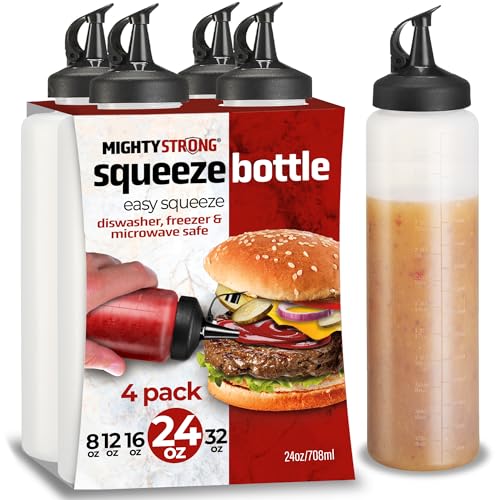 MIGHTY STRONG 4 Pack Condiment Squeeze Bottles 24 Oz –Easy Pour Sauce Bottle With Leak Proof Snap Cap, Plastic Squeeze Bottles For Sauces, Condiment Containers, clear - Image 1