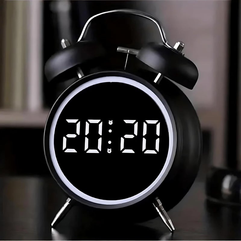 MORPICH Twin Bell Alarm Clock LED Display Digital Clock with Night Light USB Rechargeable Battery Operated Loud Bell Metal Alarm Clock for Office Bedroom Black - Image 1