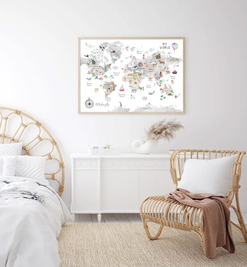 Joocrise Grey Kids World Map Animal Map Canvas Educational Wall Art Nursery Wall Decor Poster Childrens Room Decor Playroom Prints 16x24 Inch Unframed - Image 4
