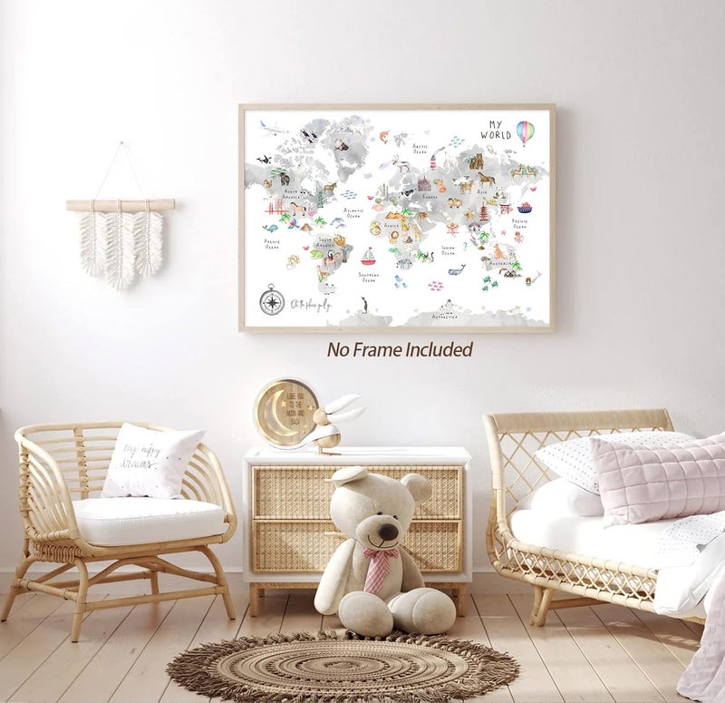 Joocrise Grey Kids World Map Animal Map Canvas Educational Wall Art Nursery Wall Decor Poster Childrens Room Decor Playroom Prints 16x24 Inch Unframed - Image 3