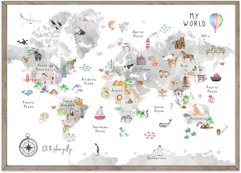 Joocrise Grey Kids World Map Animal Map Canvas Educational Wall Art Nursery Wall Decor Poster Childrens Room Decor Playroom Prints 16x24 Inch Unframed - Image 1