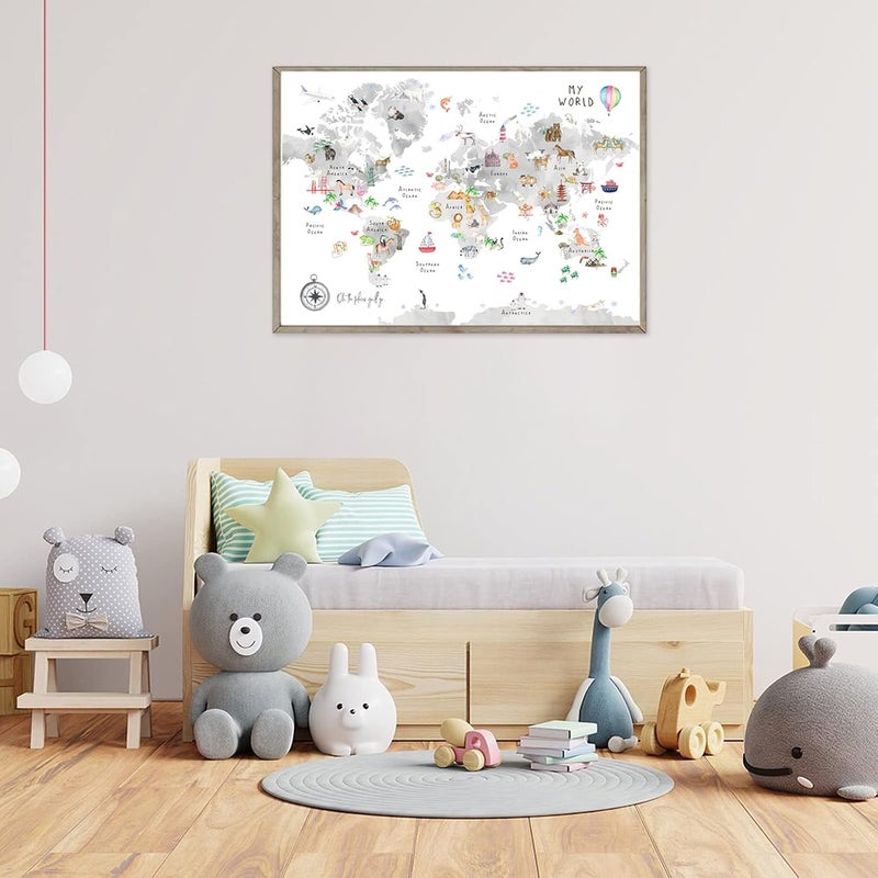 Joocrise Grey Kids World Map Animal Map Canvas Educational Wall Art Nursery Wall Decor Poster Childrens Room Decor Playroom Prints 16x24 Inch Unframed - Image 5