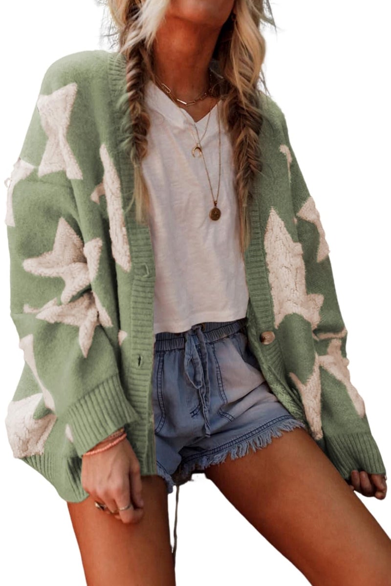 KevaMolly Womens Cardigan Sweater Green Sherpa Star Pattern Textured Sweater Cardigan with Pockets Stars Casual Sweater Coat XL - Image 1