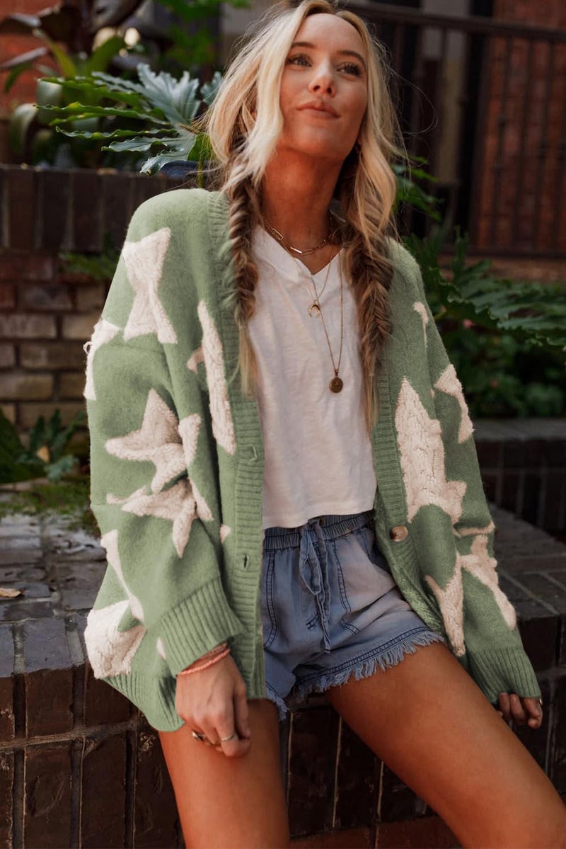 KevaMolly Womens Cardigan Sweater Green Sherpa Star Pattern Textured Sweater Cardigan with Pockets Stars Casual Sweater Coat XL - Image 3