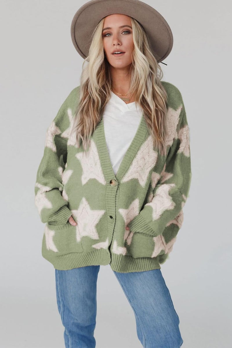 KevaMolly Womens Cardigan Sweater Green Sherpa Star Pattern Textured Sweater Cardigan with Pockets Stars Casual Sweater Coat XL - Image 4