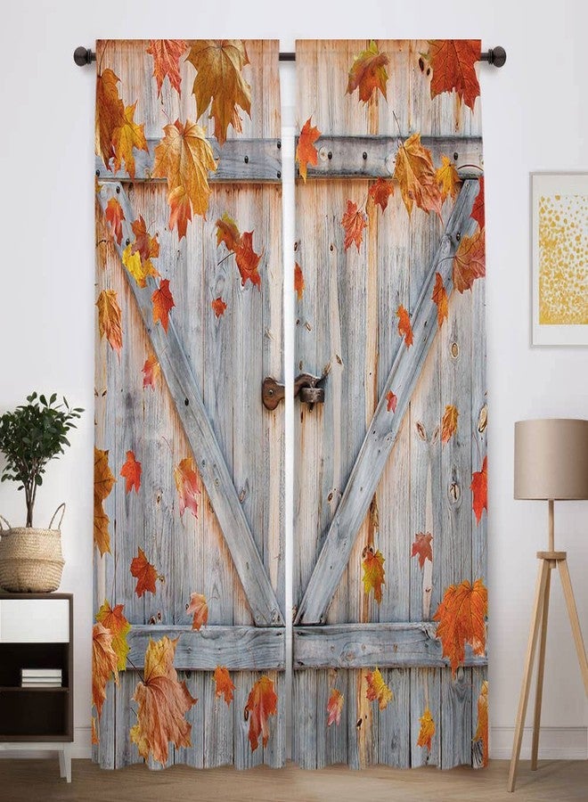 Funnytree Autumn Window Curtain Fall Thanksgiving Rustic Barn Wooden Door Print Curtains Home Decor Rod Pocket Darkening Drapes for Bedroom Living Room 2 Panels 82 in x 84 in - Image 1