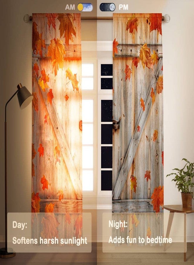 Funnytree Autumn Window Curtain Fall Thanksgiving Rustic Barn Wooden Door Print Curtains Home Decor Rod Pocket Darkening Drapes for Bedroom Living Room 2 Panels 82 in x 84 in - Image 3