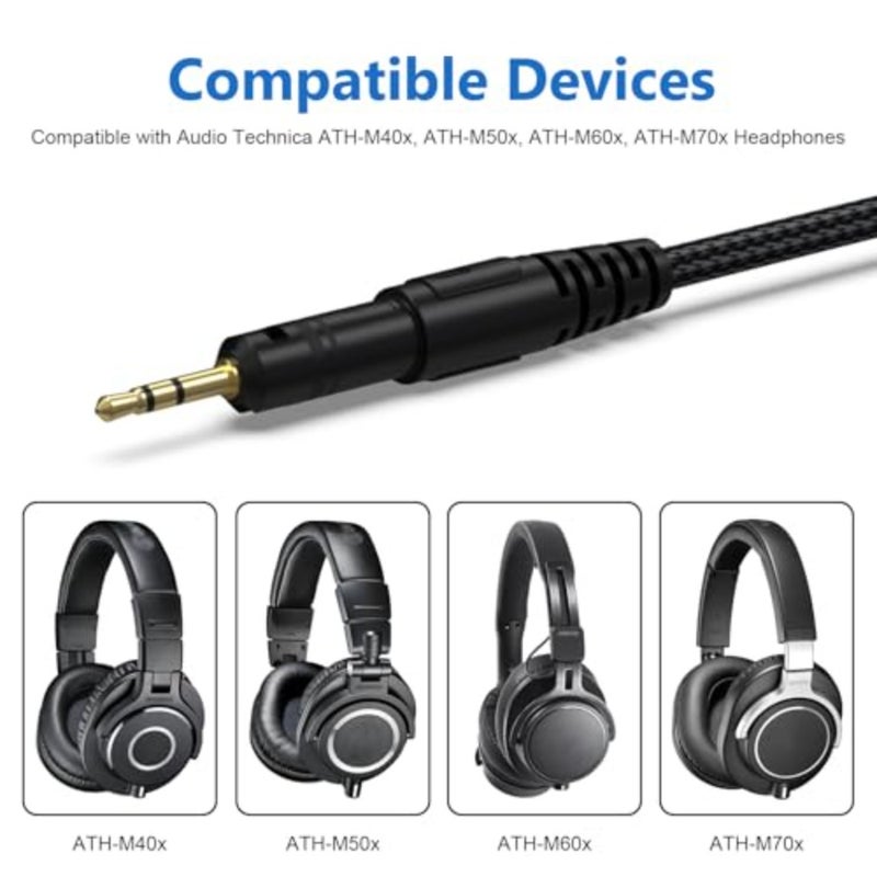 كابل ATH-M50x بديل سلك Aux متوافق مع Audio Technica ATH-M40x، ATH-M50x، ATH-M70x، ATH-M60x، سلك Aduio من 2.5 مم إلى 3.5 مم مع محول 6.35 مم، 6.6 قدم - Image 2