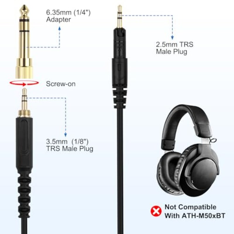 كابل ATH-M50x بديل سلك Aux متوافق مع Audio Technica ATH-M40x، ATH-M50x، ATH-M70x، ATH-M60x، سلك Aduio من 2.5 مم إلى 3.5 مم مع محول 6.35 مم، 6.6 قدم - Image 3