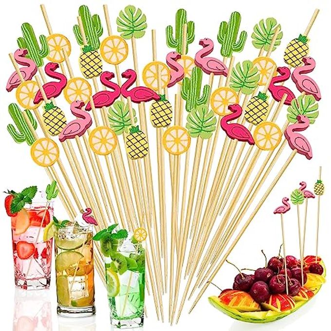 150 PCS Hawaiian Appetizer Picks Tropical Cocktail Toothpicks Party Decorations for Drinks Bamboo Charcuterie Skewers Flamingo Pineapple Palm Leaf Orange Cactus Sticks for Food Luau Hawaii Beach