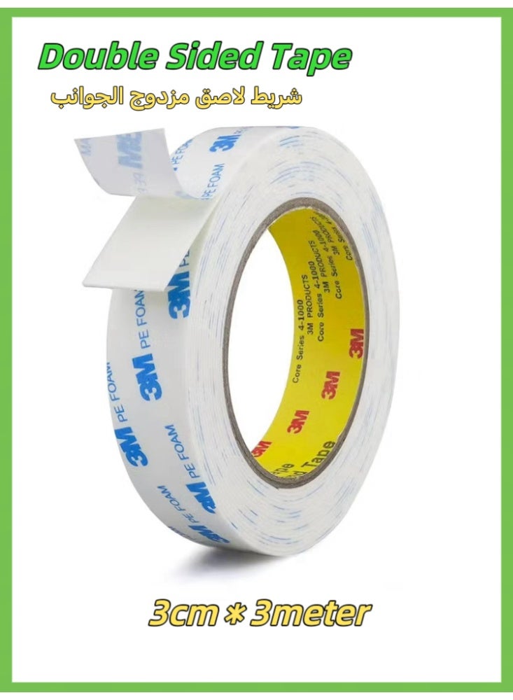 3M double-sided tape 3cm*3 meters, waterproof heavy-duty mounting tape, white strong adhesive foam tape, suitable for wall decoration picture strips, removable - Image 1