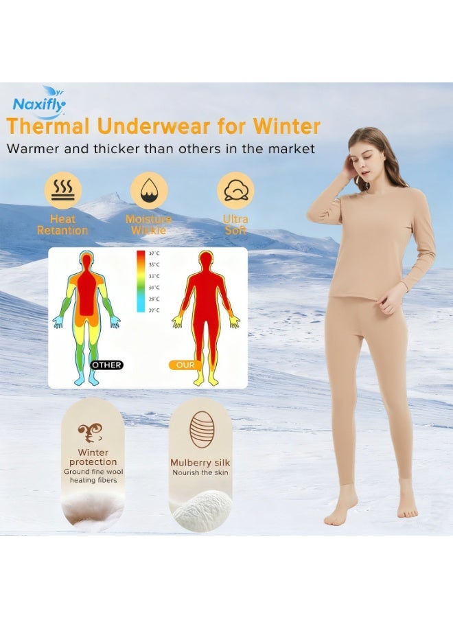 Naxifly Thermal Underwear Set for Women,Long Johns Thermal Set Wool Women Thermal Underwear Set, High Elasticity, Base Layer Long Sleeve Thermals with Fleece Lined for Indoor, Hiking, Outdoor Sports（Skin） - Image 3