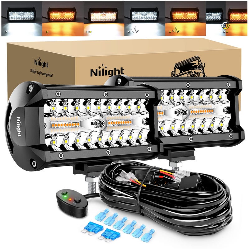 Nilight 2PCS 6.5 Inch 120W LED Light Bar Amber White Strobe 6 Modes Memory Function Off-Road Truck Car ATV SUV Cabin Boat with 16AWG Wiring Harness Kit-2 Lead - Image 1