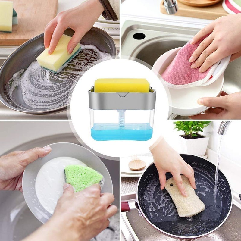 ZZ ZONEX 2 in 1 Soap Pump Plastic Dispenser for Dishwasher Liquid; Holder (Random Colour; Standard; 385ml) Free Sponge - Image 3