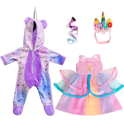 WONDOLL American 2Sets 18inch Doll Clothes Set Amazing Rainbow Unicorn Clothes with Hair Clip and Headband Compatible with All 18 inch Dolls Accessories Gifts for Kids PurpleNo Doll - Image 5