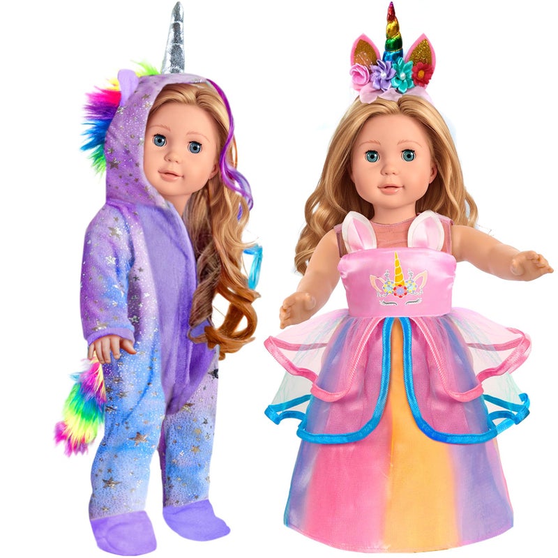 WONDOLL American 2Sets 18inch Doll Clothes Set Amazing Rainbow Unicorn Clothes with Hair Clip and Headband Compatible with All 18 inch Dolls Accessories Gifts for Kids PurpleNo Doll - Image 4